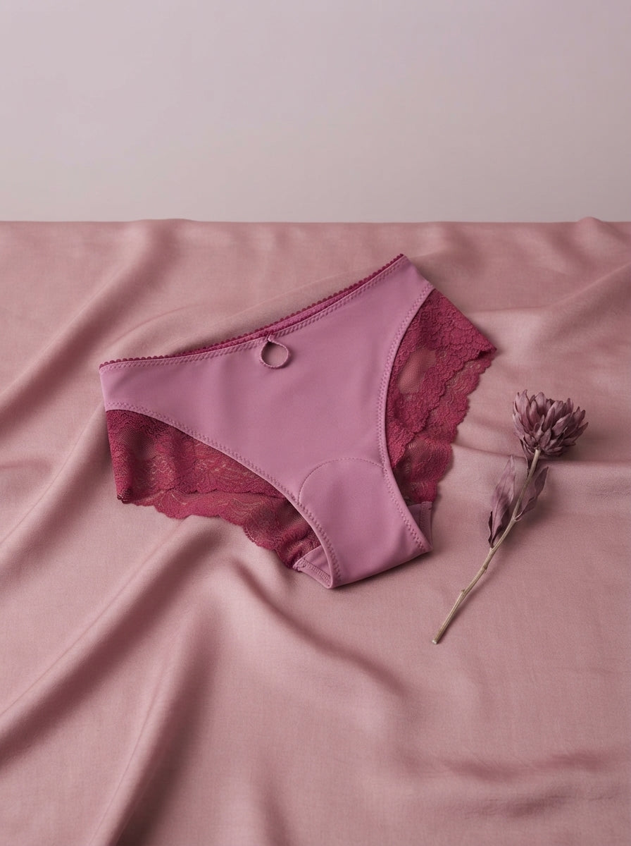 Mauve high-waisted Laure period panty displayed on a textured dusty rose silk fabric backdrop.